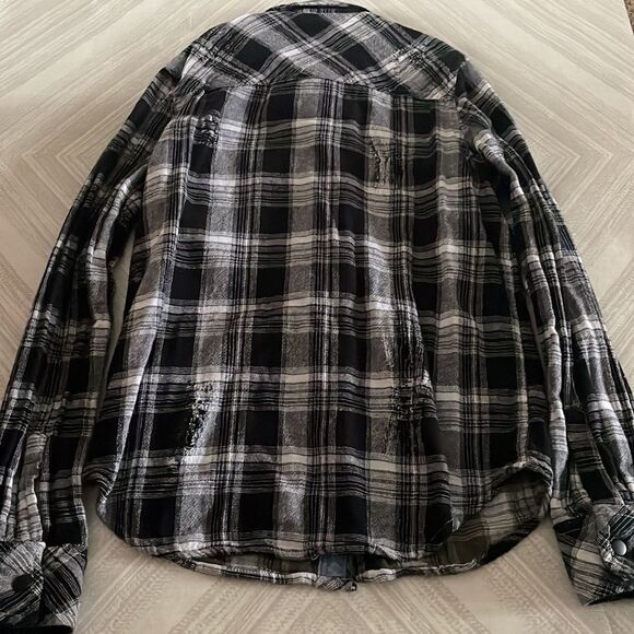 74AMK Boys Distressed Black & White Plaid Button Down Shirt - Picture 6 of 6